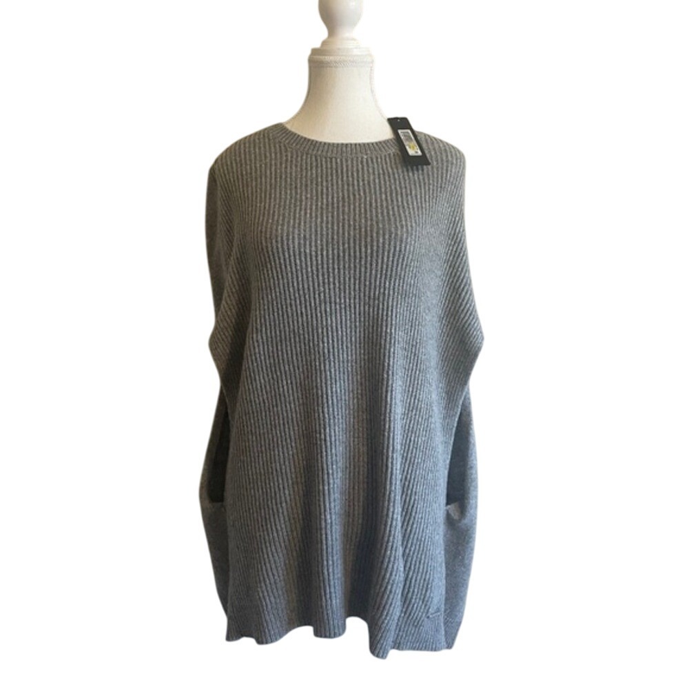 Grey Ribbed Tunic Sweater with Pockets Oversized Relaxed‎ Fit Cozy Womens